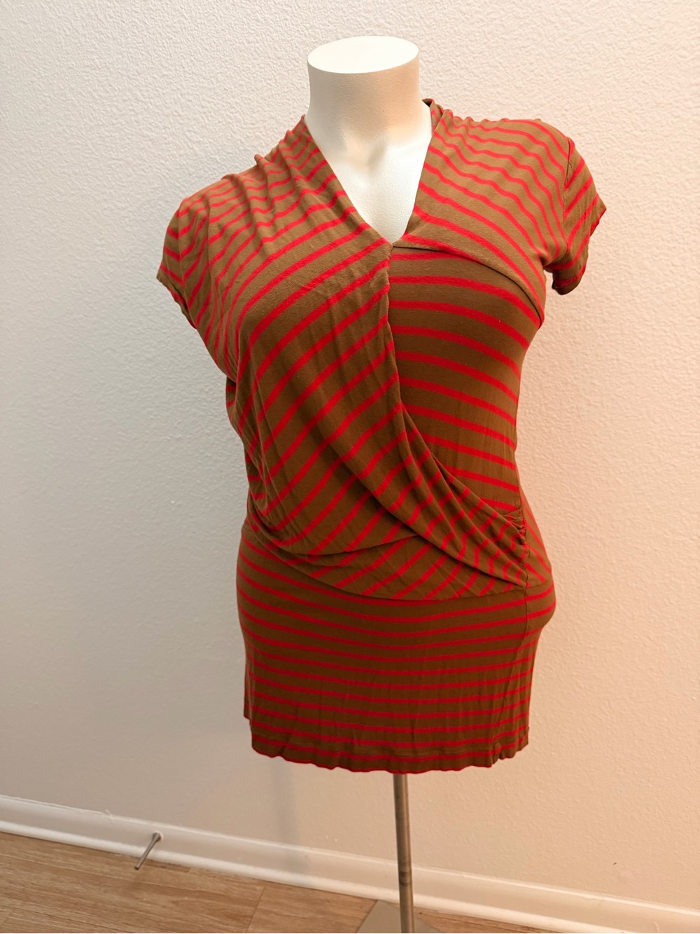 Striped Wrap-Front Mini Dress in Olive and Coral